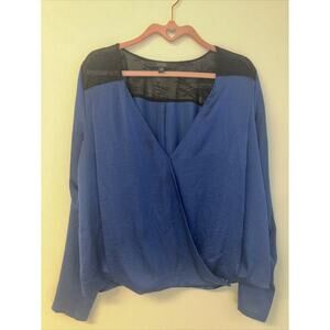 Guess Blue Black Blouse Ladies Sz Med Silky Lace Romantic Sexy Y2K Fairy Goth Em